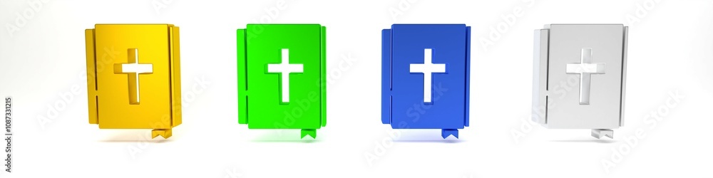Fototapeta premium Colorful Holy bible book icon isolated on white background. Minimalism concept. 3D render illustration