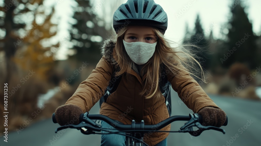 A young girl wearing a face mask and winter clothing cycles down a quiet road, embodying strength, determination, and resilience in challenging times. A young girl wearing a face mask and winter clothing cycles down a quiet road, embodying strength, determination, and resilience in challenging times.
