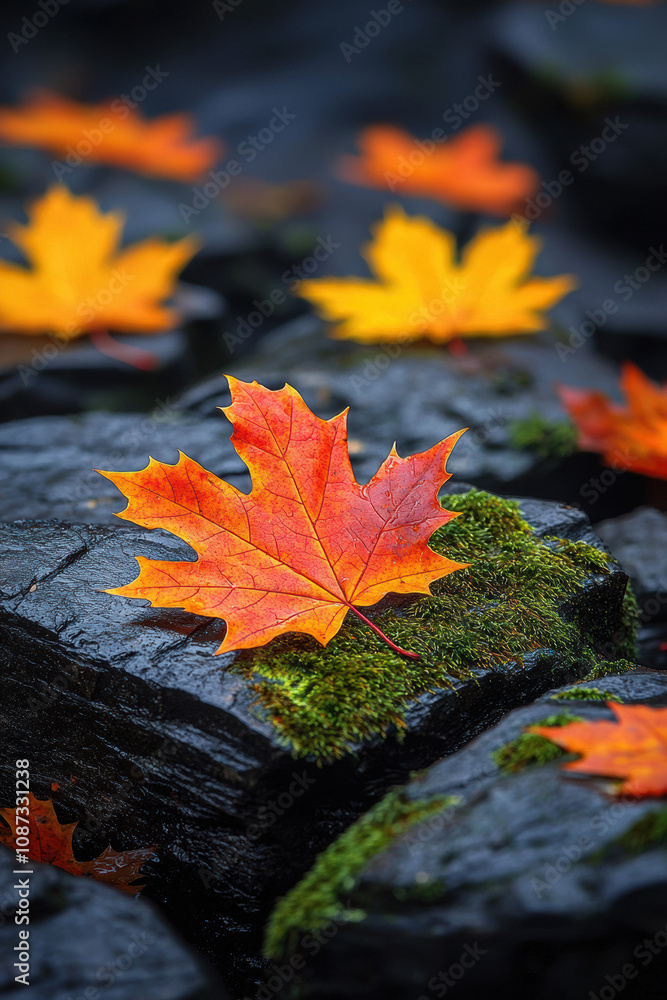 Vibrant autumn leaves resting on moss-covered rocks, showcasing a beautiful interplay of colors in nature. Perfect for seasonal themes and landscapes. Vibrant autumn leaves resting on moss-covered rocks, showcasing a beautiful interplay of colors in nature. Perfect for seasonal themes and landscapes.