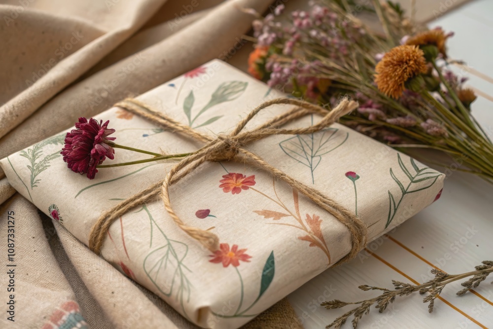 Beautifully wrapped gift with dried flowers on a soft fabric surface, perfect for any occasion or celebration Beautifully wrapped gift with dried flowers on a soft fabric surface, perfect for any occasion or celebration