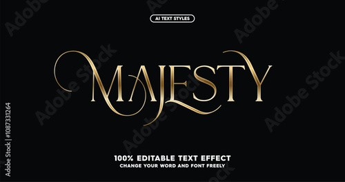 Majesty: Gold text styles. Futuristic golden font effect with polished metallic letters. Ideal for high-tech logos, captivating headlines, and cosmic typography. 