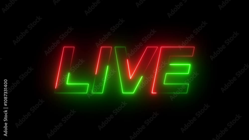 neon text live with green and red color. Live neon sign motion in black background. neon text live with green and red color. Live neon sign motion in black background.