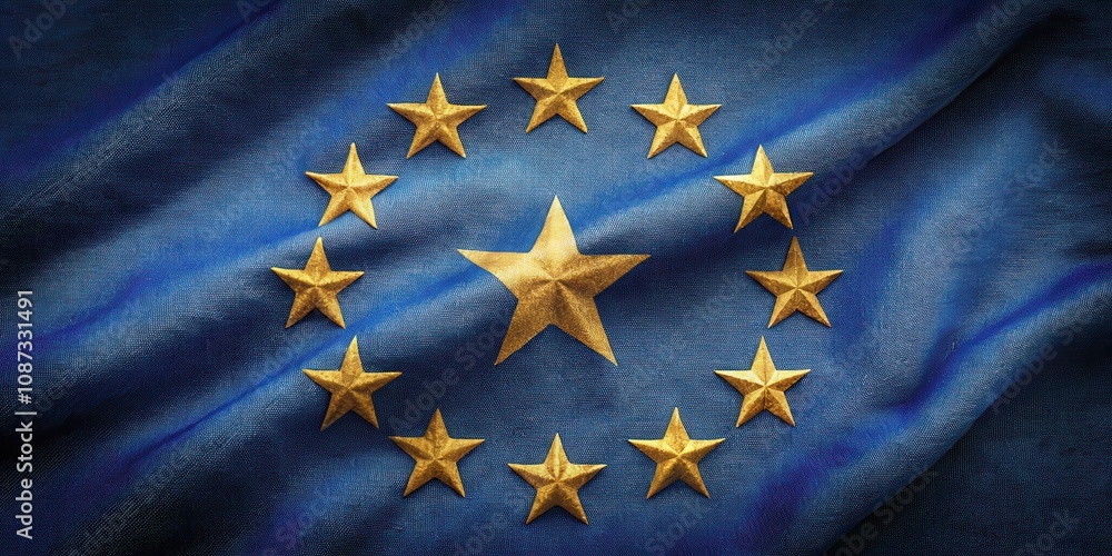 A close-up of a blue fabric flag with golden stars arranged in a circle, representing the unity of the European Union. A close-up of a blue fabric flag with golden stars arranged in a circle, representing the unity of the European Union.
