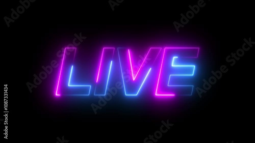 neon text live with black background. Live neon sign motion graphic with alpha channel.