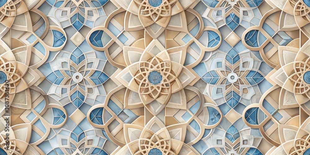Intricate Floral Pattern with Geometric Shapes in Tones of Beige and Blue Intricate Floral Pattern with Geometric Shapes in Tones of Beige and Blue