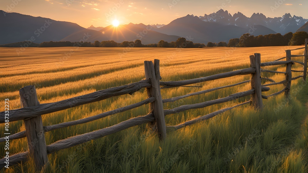 Fototapeta premium A rustic split rail wooden fence in a golden wheat field with the sun setting behind distant mount, AI Generated