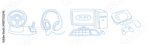 Computer Game Playing Hand Drawn Object and Item Vector Set