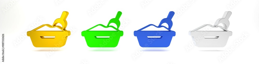 Colorful Cat litter tray with shovel icon isolated on white background. Sandbox cat with shovel. Minimalism concept. 3D render illustration Colorful Cat litter tray with shovel icon isolated on white background. Sandbox cat with shovel. Minimalism concept. 3D render illustration