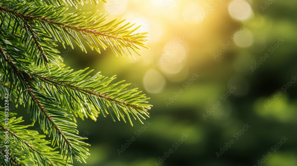 Close-up of green pine needles illuminated by soft sunlight, creating a serene natural background with blurred bokeh effect. Close-up of green pine needles illuminated by soft sunlight, creating a serene natural background with blurred bokeh effect.