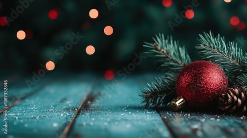 A red ornament and pine sprigs rest on a rustic wooden surface, conjuring a warm, traditional Christmas atmosphere ideal for cozy winter settings.