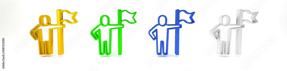 Colorful Man holding flag icon isolated on white background. Victory, winning and conquer adversity concept. Minimalism concept. 3D render illustration Colorful Man holding flag icon isolated on white background. Victory, winning and conquer adversity concept. Minimalism concept. 3D render illustration