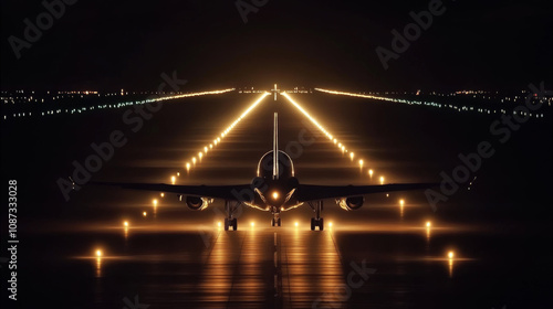 Passenger airplane positioned on a runway at night, surrounded by glowing lights in a symmetrical pattern under a dark sky  .