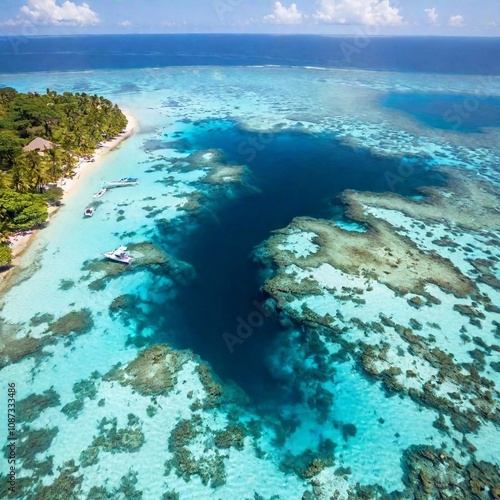 An expansive underwater scene in extreme wide shot of the Blue Hole in Belize, captured from above with split diopter to emphasize the striking contrast between the deep blue waters and the lively cor photo