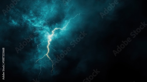 A solitary lightning bolt flashes amidst the depths of dark blue swirling clouds, capturing a moment of intense natural power and atmospheric beauty.