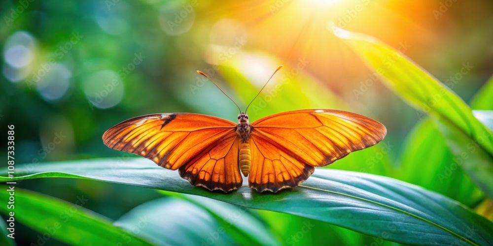 A vibrant butterfly with orange wings rests gracefully on a broad green leaf, basking in the warm glow of the setting sun. A vibrant butterfly with orange wings rests gracefully on a broad green leaf, basking in the warm glow of the setting sun.