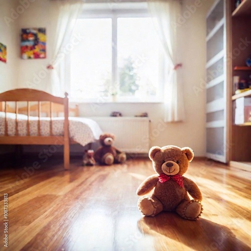 child's room adorned with vintage toys on the floor, with a classic stuffed bear in sharp focus while the rest of the room gently blurs at eye level photo