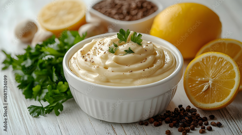 Creamy Homemade Mayonnaise with Parsley and Black Pepper, Ready to Serve in a White Bowl Beside Lemon Slices and Green Parsley. Creamy Homemade Mayonnaise with Parsley and Black Pepper, Ready to Serve in a White Bowl Beside Lemon Slices and Green Parsley.