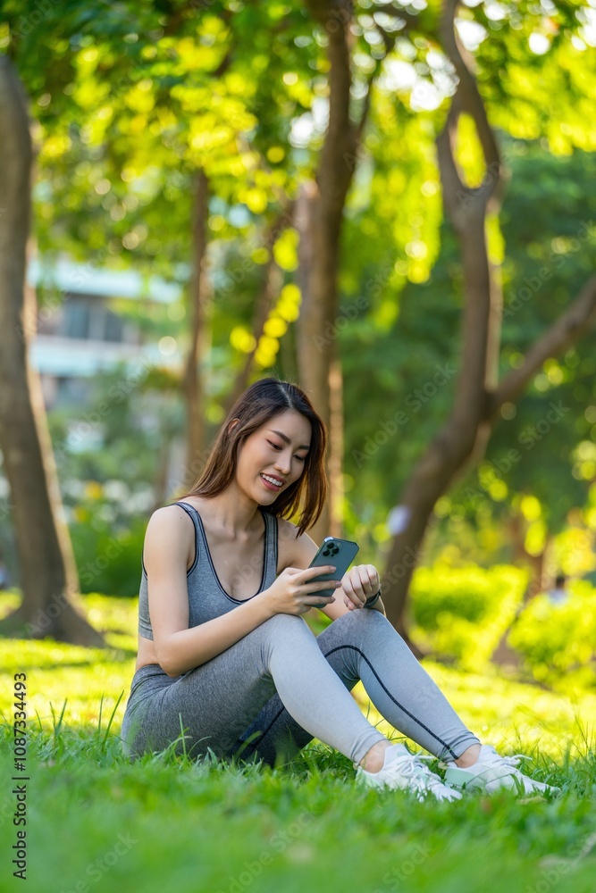 Asian Woman Checking Health Data on Smartphone and Smartwatch in Park Asian Woman Checking Health Data on Smartphone and Smartwatch in Park