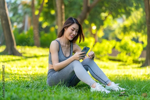 Asian Woman Checking Health Data on Smartphone and Smartwatch in Park photo