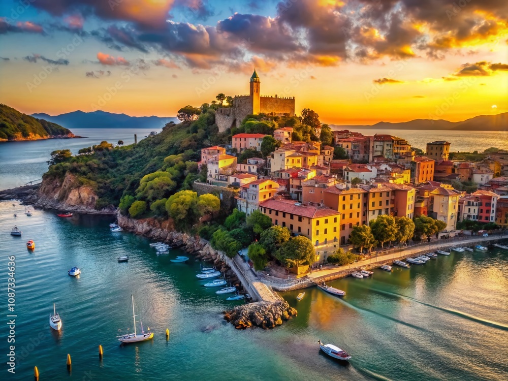 Fototapeta premium Stunning Aerial View of Lerici at Dusk Showcasing the Serene Coastline, Vibrant Sunset Colors, and Charming Seaside Architecture in Italy's Beautiful Bay Area