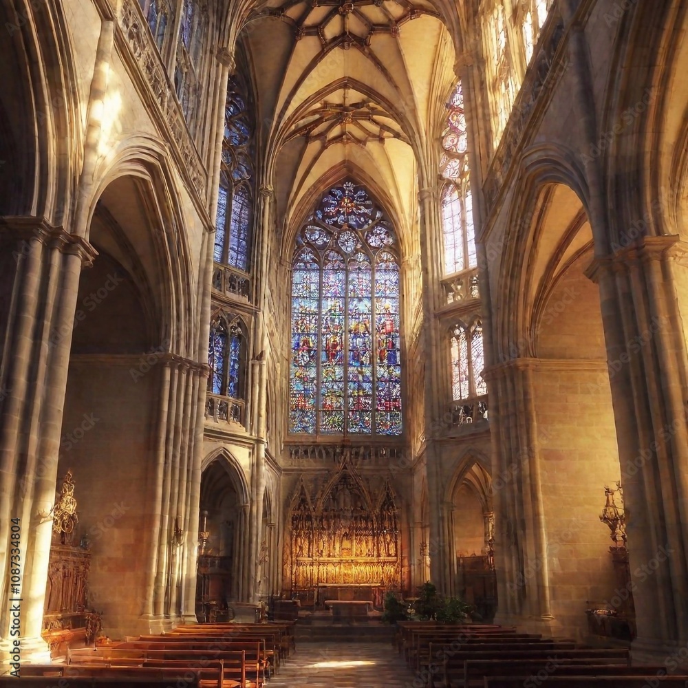 Naklejka premium majestic Gothic cathedral with towering spires and intricate stained glass windows