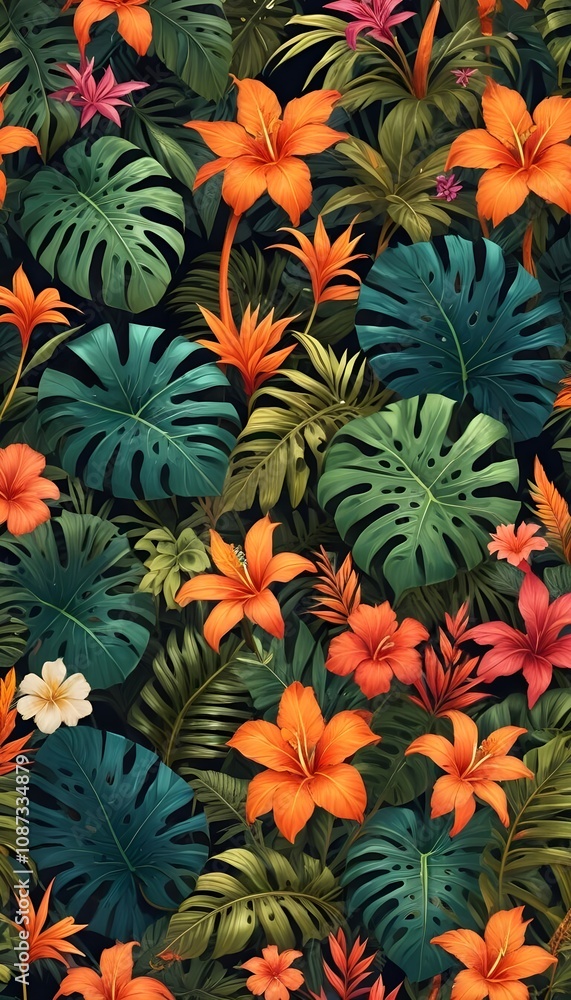 Tropical exotic pattern with animal and flowers in bright colors and lush vegetation Tropical exotic pattern with animal and flowers in bright colors and lush vegetation