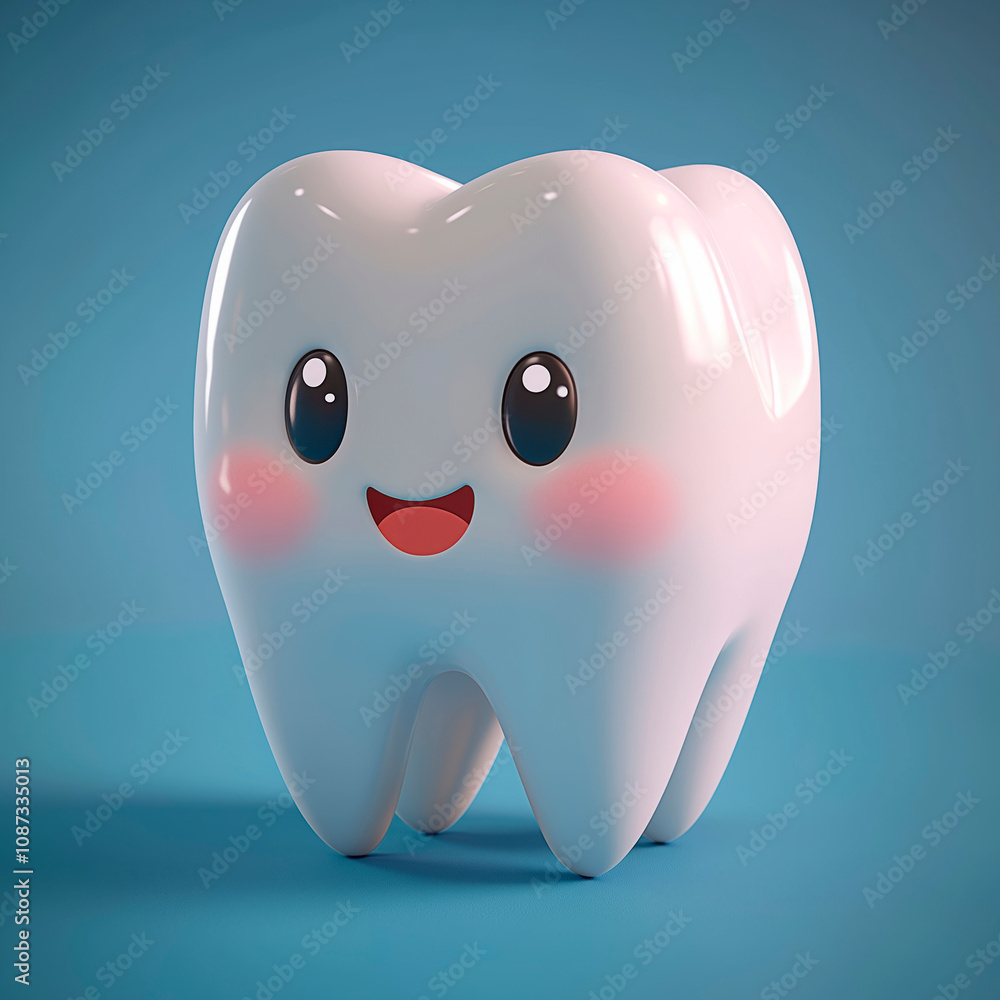 Cute cartoon tooth character with a smiling face on a blue background, dentist clinic advertisement with copy space, children teeth advertising Cute cartoon tooth character with a smiling face on a blue background, dentist clinic advertisement with copy space, children teeth advertising