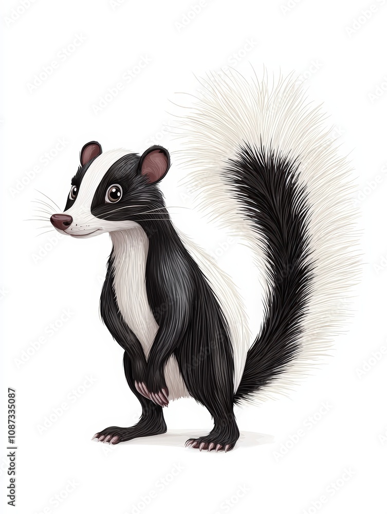 A charming illustration of a whimsical skunk, featuring vibrant fur and a playful pose, perfect for children's books or nature themes. A charming illustration of a whimsical skunk, featuring vibrant fur and a playful pose, perfect for children's books or nature themes.