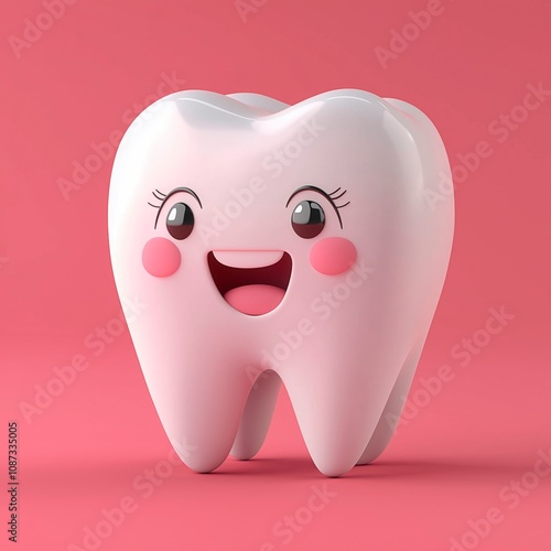 Happy cartoon tooth character with smile against a bright background, dentist clinic advertisement with copy space, children teeth advertising