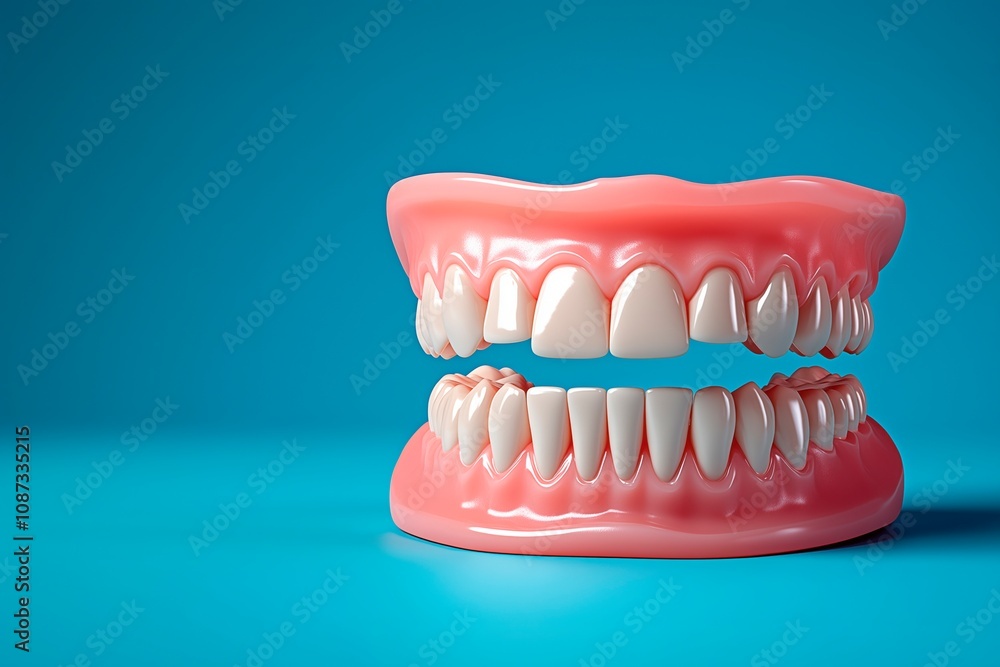 A detailed view of dentures on a blue background highlighting dental care, dentist clinic advertisement with copy space A detailed view of dentures on a blue background highlighting dental care, dentist clinic advertisement with copy space