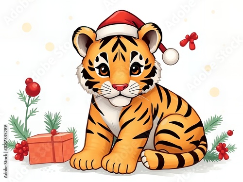 cartoon tiger cub with santa hat sitting next to a christmas tree. photo