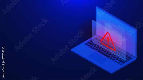 Document folder with warning of virus malware and cybercrime. Hacking online fraud on isometric laptop on dark blue background
