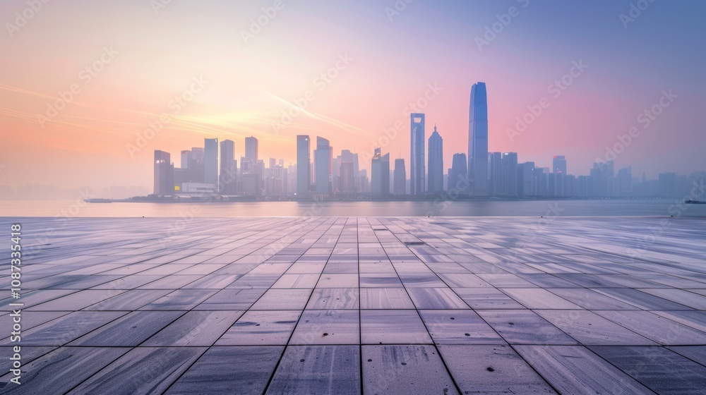Empty square floor with city skyline background, City skyline with a touch of celestial mystique, mystical celestial phenomena illuminating the urban panorama Empty square floor with city skyline background, City skyline with a touch of celestial mystique, mystical celestial phenomena illuminating the urban panorama