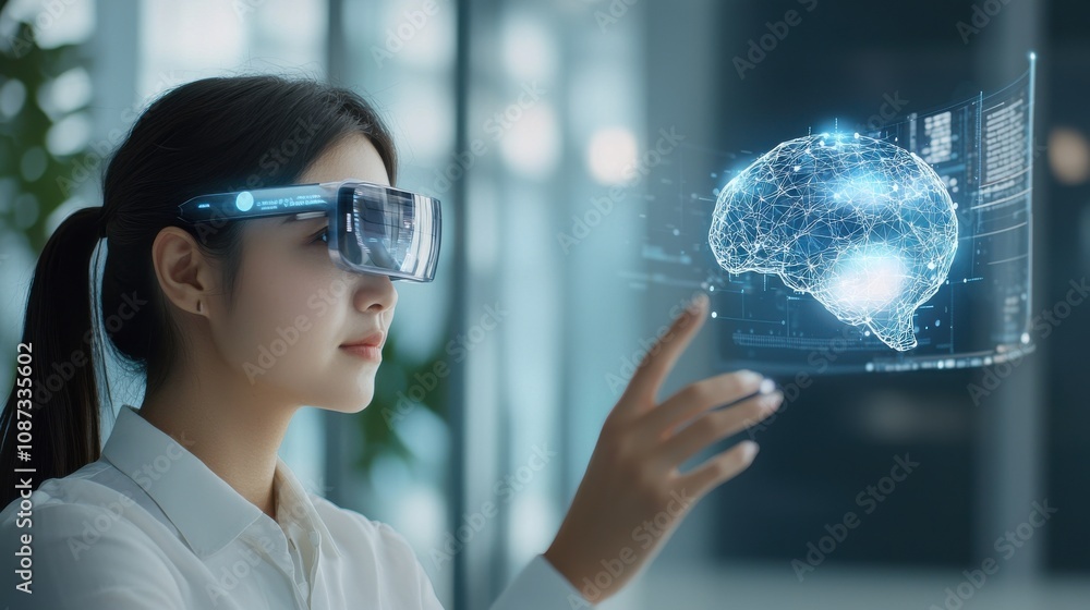 Young Woman Engaging with AI Powered Device Young Woman Engaging with AI Powered Device