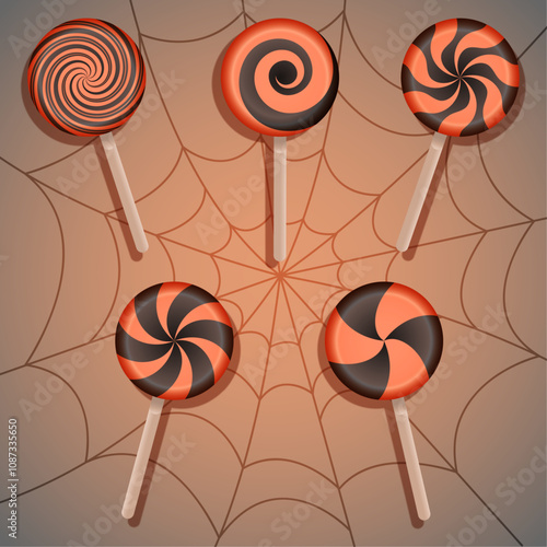 Orange and black lollypops on light grey background with spiderweb. Helloween lollypops.
