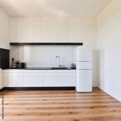 A bright white kitchen with natural light, enhanced by a sleek black granite countertop for a modern, polished aesthetic.