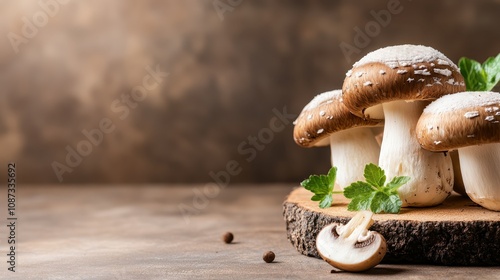 A close-up image of mushrooms artistically arranged on a rustic wooden surface, enhanced by soft, warm lighting. The mushrooms evoke a fresh and earthy ambiance. photo