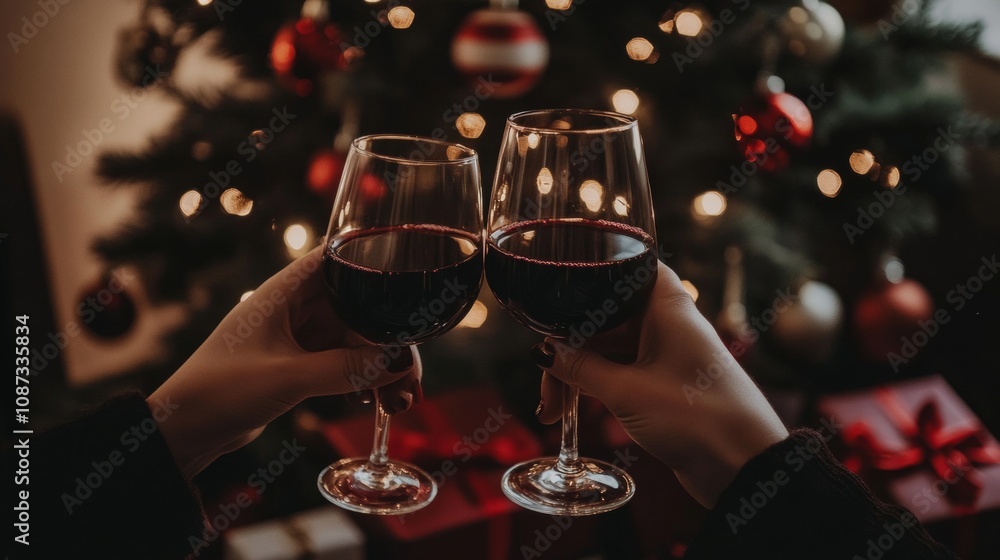 close-up of 2 hands putting wine glasses together with Christmas tree background with gifts close-up of 2 hands putting wine glasses together with Christmas tree background with gifts