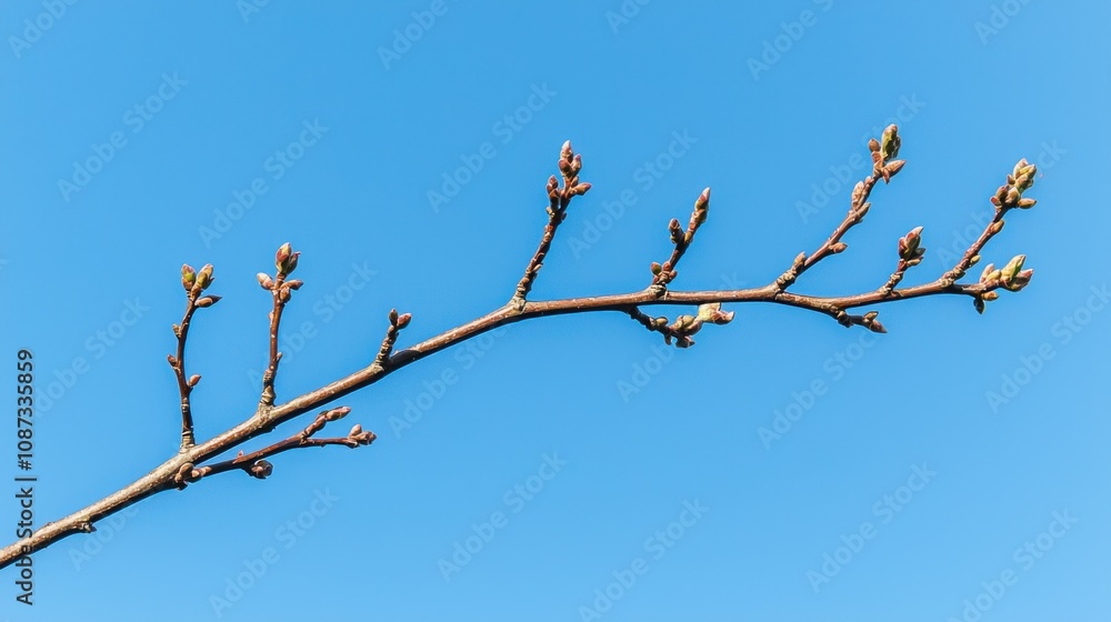 Single bare branch with intricate patterns of twigs and buds against a clear blue sky in early spring