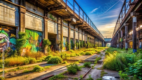 A sun-drenched path leads through an abandoned industrial structure, its weathered concrete walls adorned with vibrant graffiti, revealing a testament to time and human artistry.