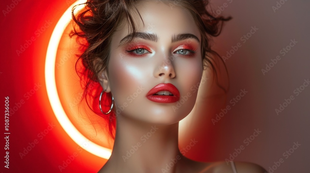 Stunning Close-Up of a Model with Glamorous Makeup and Radiant Skin Posed Against a Vibrant Neon Background Highlighting Bold Colors and Chic Expression Stunning Close-Up of a Model with Glamorous Makeup and Radiant Skin Posed Against a Vibrant Neon Background Highlighting Bold Colors and Chic Expression