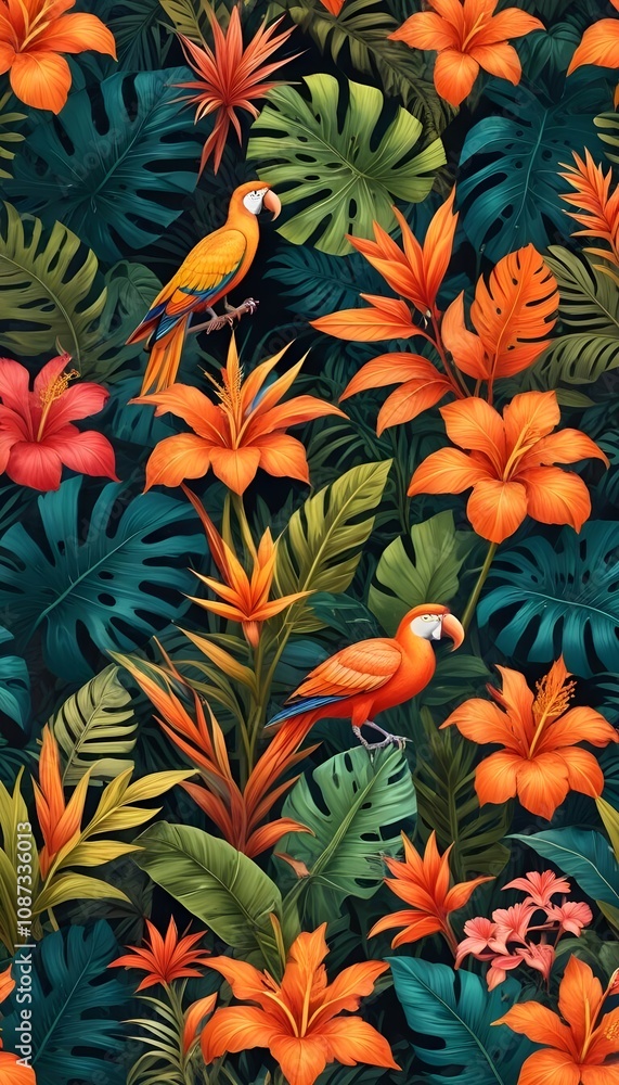 Tropical exotic pattern with animal and flowers in bright colors and lush vegetation Tropical exotic pattern with animal and flowers in bright colors and lush vegetation