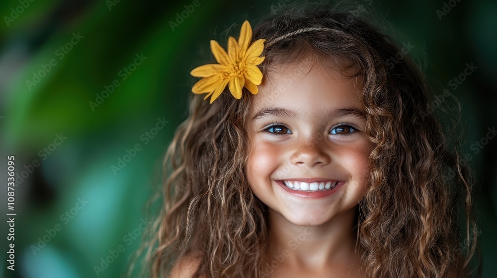 A little girl with curly hair adorned with a yellow flower smiles warmly, set against a lush green background that highlights her carefree nature and inner joy. A little girl with curly hair adorned with a yellow flower smiles warmly, set against a lush green background that highlights her carefree nature and inner joy.