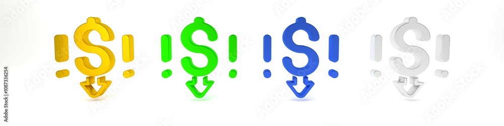 Obraz premium Colorful Dollar rate decrease icon isolated on white background. Cost reduction. Money symbol with down arrow. Business lost crisis decrease. Minimalism concept. 3D render illustration