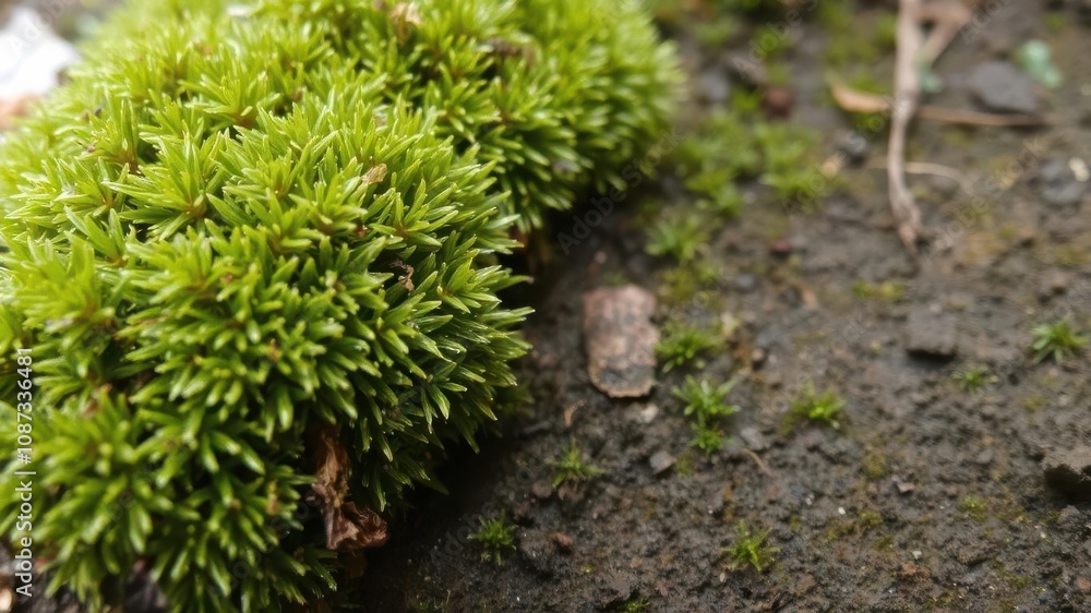Closeup of vibrant green moss growing on forest floor, close-up Closeup of vibrant green moss growing on forest floor, close-up