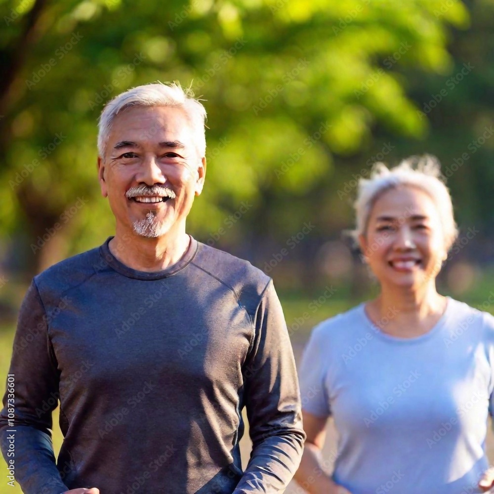 medium close-up, eye-level shot of an Asian senior couple jogging together, with shallow focus on their matching outfits and cheerful expressions, while the blurred background hints at an urban park s medium close-up, eye-level shot of an Asian senior couple jogging together, with shallow focus on their matching outfits and cheerful expressions, while the blurred background hints at an urban park s
