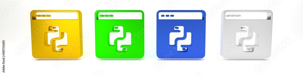 Colorful Python programming language icon isolated on white background. Python coding language sign on browser. Device, programming, developing concept. Minimalism concept. 3D render illustration Colorful Python programming language icon isolated on white background. Python coding language sign on browser. Device, programming, developing concept. Minimalism concept. 3D render illustration