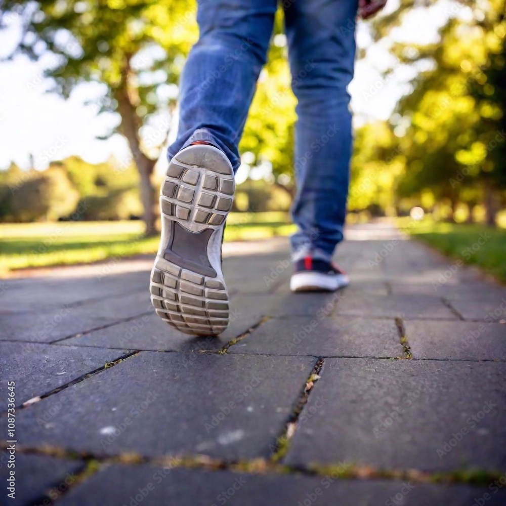 close-up shot of a Caucasian senior male's feet hitting the pavement in a park, with the blurred background showcasing lush greenery. The rack focus draws attention to the rhythm of his stride. close-up shot of a Caucasian senior male's feet hitting the pavement in a park, with the blurred background showcasing lush greenery. The rack focus draws attention to the rhythm of his stride.