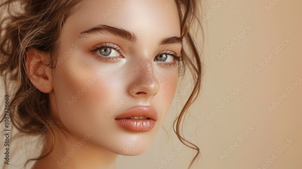 Fototapeta premium Portrait of a Young Woman with Perfect Skin and Natural Makeup, Capturing the Essence of Beauty and Elegance Against a Soft Neutral Background