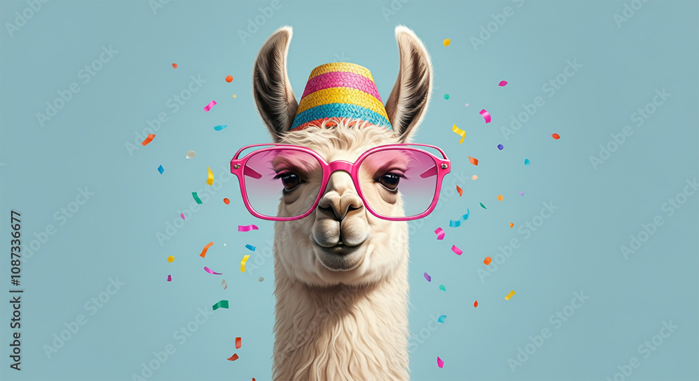 Obraz premium Party Llama Alpaca with Colorful Party Hat on Blue Background, Confetti Falling, Pink Glasses, Celebration